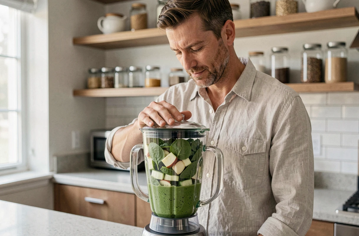 Homme préparant un smoothie vert détoxifiant pour nettoyer le côlon et améliorer la digestion