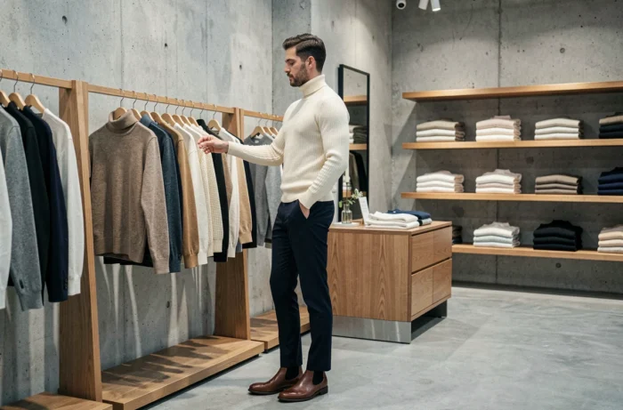 Homme stylé en col roulé ivoire et pantalon marine explorant une boutique de mode minimaliste au style chic