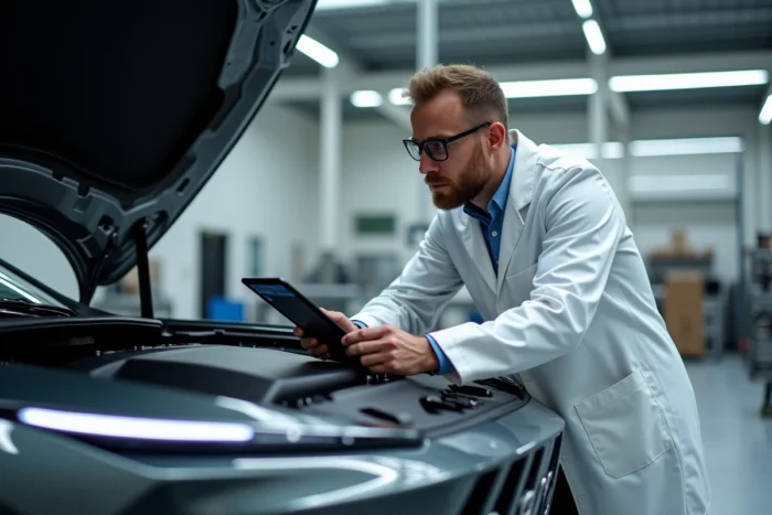Ingénieur automobile inspectant le moteur d'un SUV hybride futuriste dans un studio de conception automobile moderne