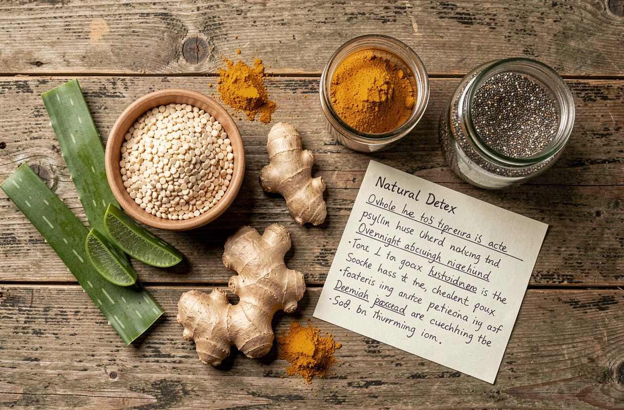 Ingrédients naturels pour nettoyer le côlon : psyllium, aloe vera, gingembre et graines de chia