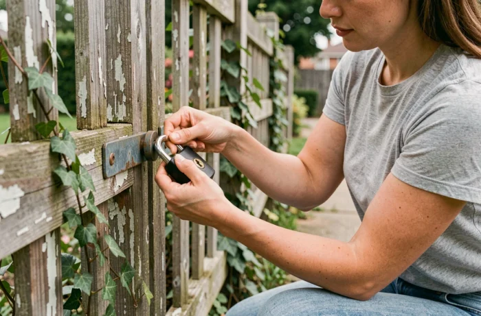 Femme posant un cadenas à double verrouillage sur un portail en bois dans un jardin
