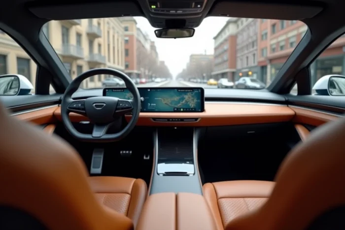 Intérieur luxueux d'un véhicule électrique 2024 avec tableau de bord panoramique, sièges en cuir cognac et console tactile intégrée