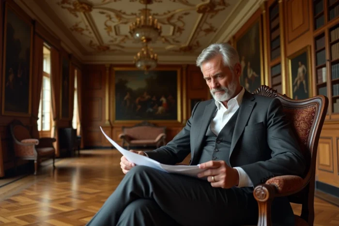 Intérieur historique du château de Groussay avec son propriétaire actuel dans le salon principal