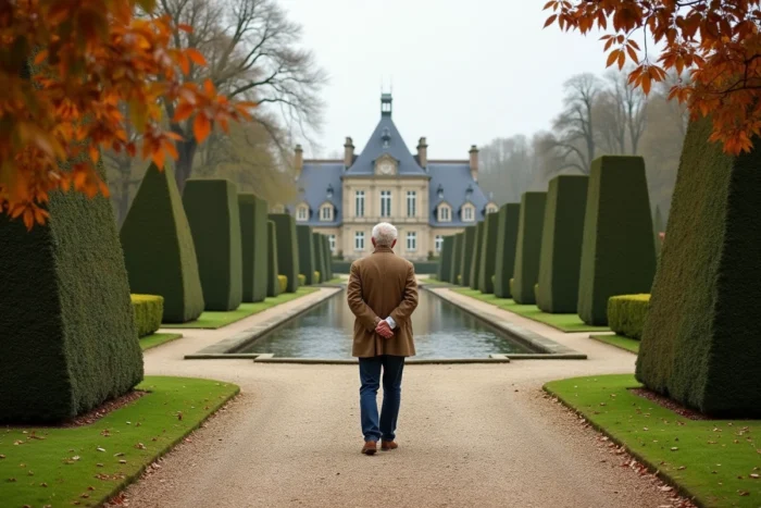 Les jardins à la française du château de Groussay avec le propriétaire se promenant dans le parc