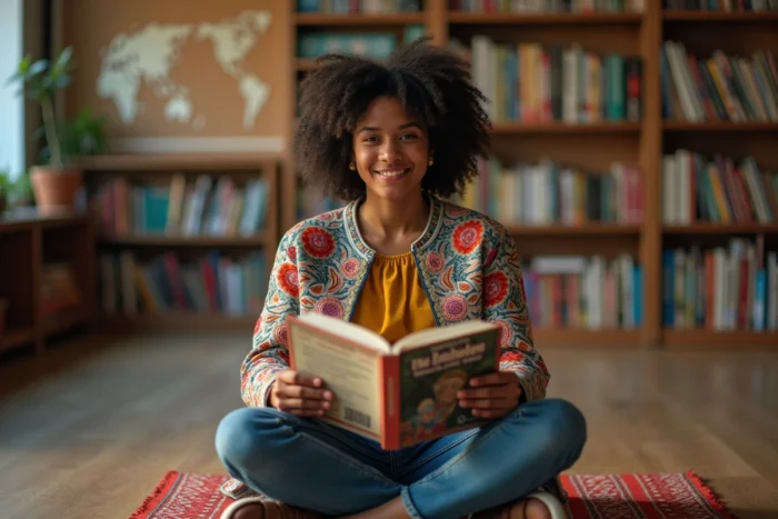 Jeune femme lisant un livre sur les cultures du monde dans une bibliothèque communautaire multiculturelle