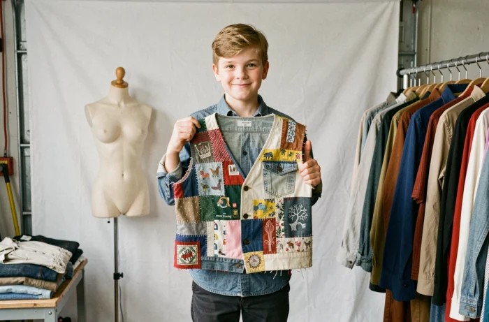 Jeune garçon styliste de 12 ans présentant fièrement un gilet patchwork fait main dans son atelier de création maison
