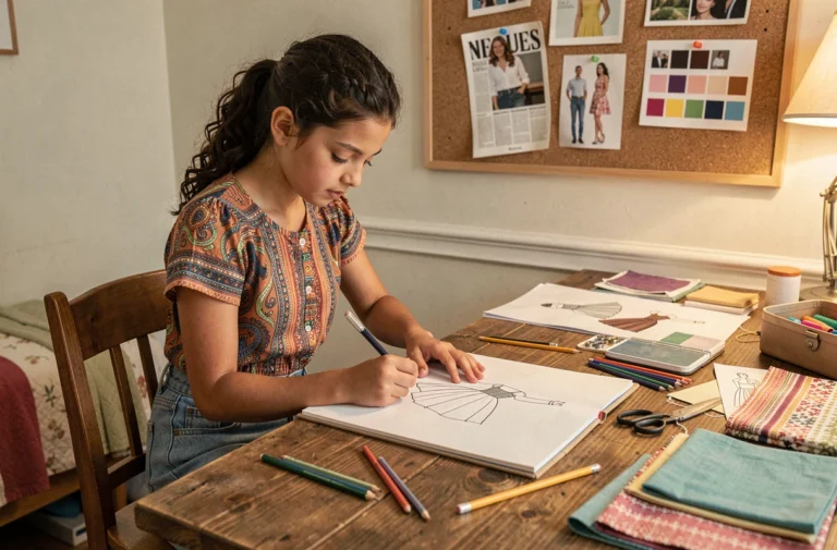 Jeune fille de 12 ans dessinant des croquis de mode sur une grande table en bois couverte de tissus et d'accessoires de stylisme