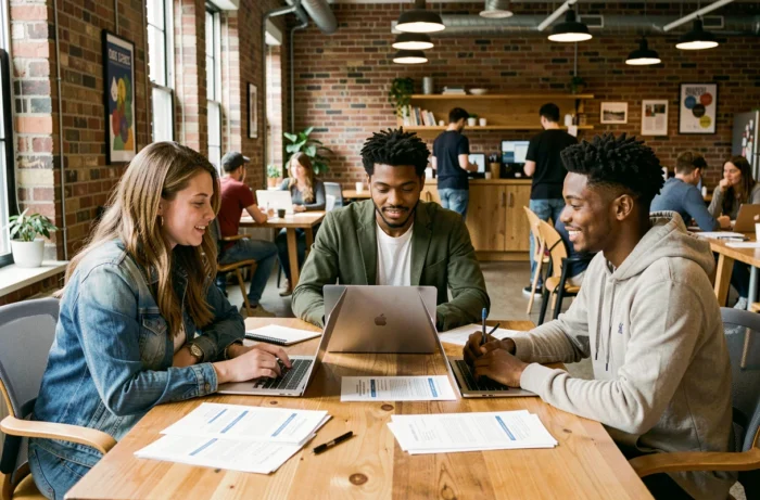 Groupe de jeunes professionnels collaborant sur leurs recherches d'emploi dans un espace de coworking dynamique