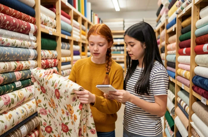 Deux jeunes stylistes en herbe explorant des rouleaux de tissu dans un magasin de mercerie pour leur projet de couture