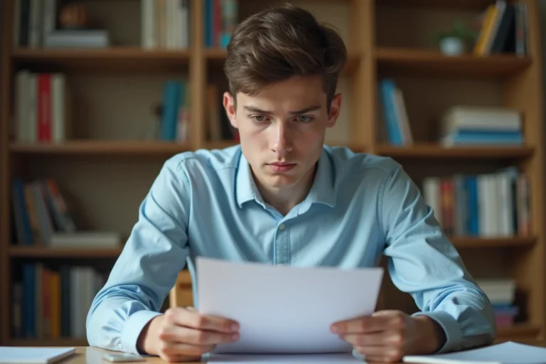 Lycéen lisant sa convocation au baccalauréat 2026 sur le portail Cyclades à son bureau