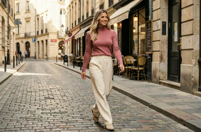 Mannequin de mode marchant dans une rue pavée européenne avec architecture ancienne