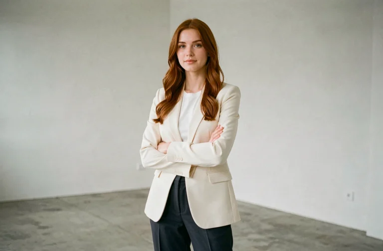 Mannequin russe confiante en blazer crème dans un studio minimaliste moderne