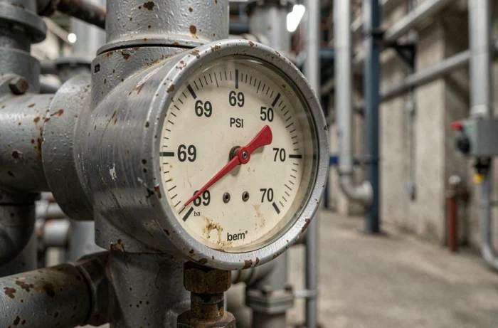 Gros plan d'un manomètre analogique industriel affichant des unités PSI et bar avec aiguille proche de 69 PSI