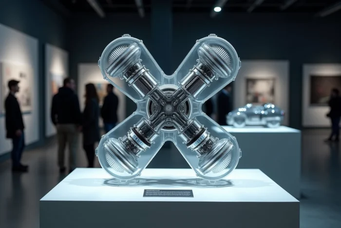 Maquette en coupe d'un moteur en X exposée dans un musée automobile moderne
