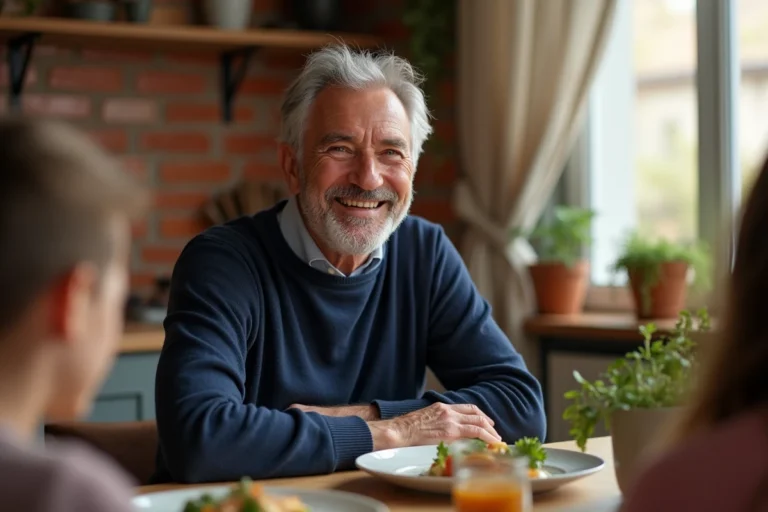 Marc Toesca souriant en famille autour d'une table de cuisine parisienne chaleureuse