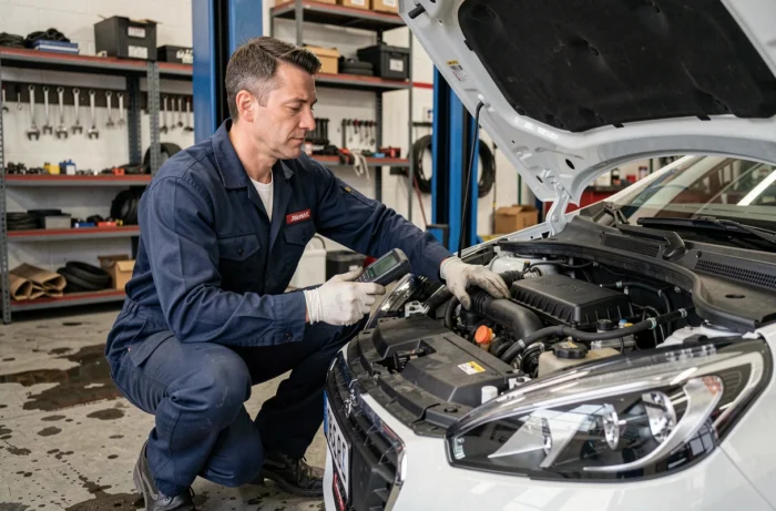 Mécanicien diagnostiquant une Peugeot 208 avec un outil de diagnostic en atelier