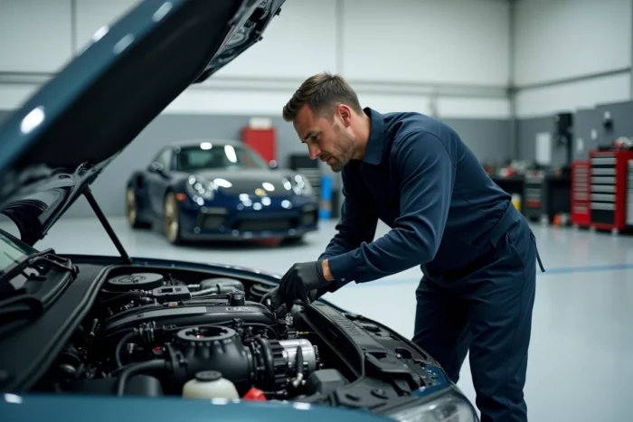 Mécanicien inspectant un moteur en X dans le compartiment moteur d'un véhicule de performance