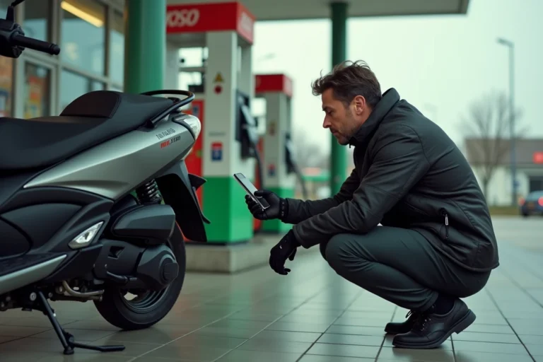 Motard accroupi près d'un Yamaha Tmax 530 lisant l'étiquette de carburant à la pompe d'une station-service