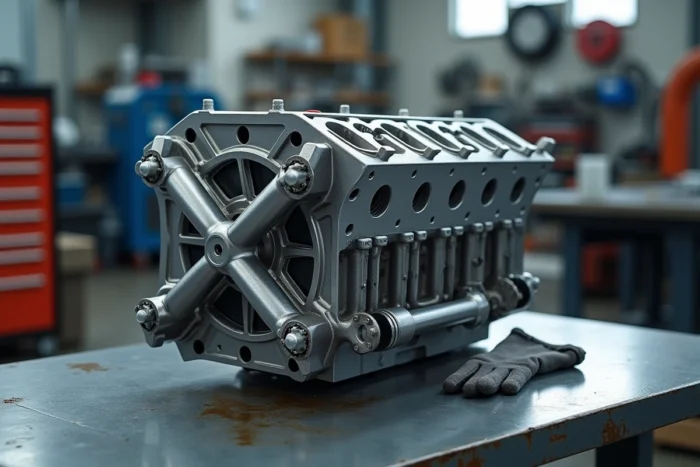 Bloc moteur en X exposé sur un établi d'atelier mécanique avec détails en aluminium usiné