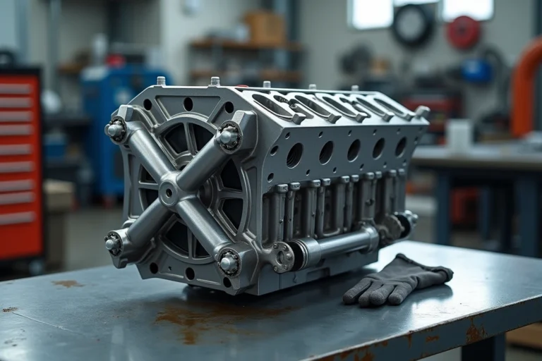 Bloc moteur en X exposé sur un établi d'atelier mécanique avec détails en aluminium usiné