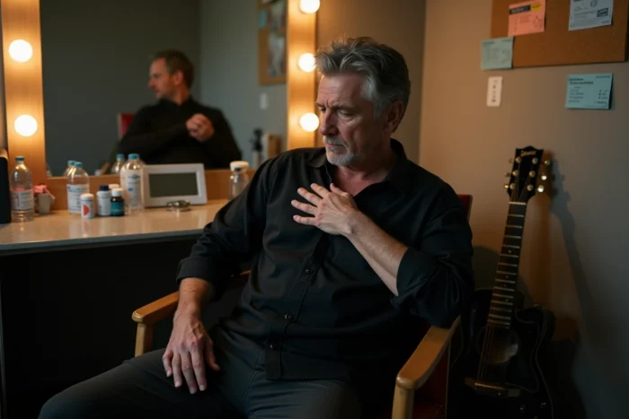 Musicien fatigué en loge de tournée avec médicaments visibles, évoquant l'impact d'une maladie sur la vie d'artiste en tournée