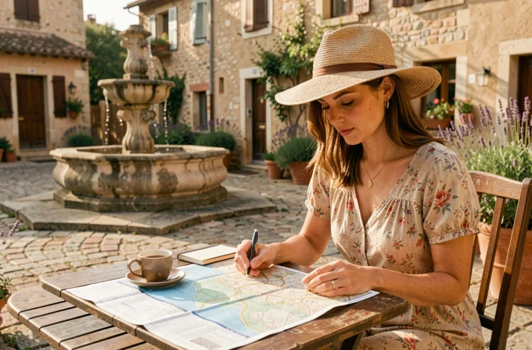 Femme en robe de lin consultant une carte routière dans un village provençal ensoleillé pour organiser ses vacances en France