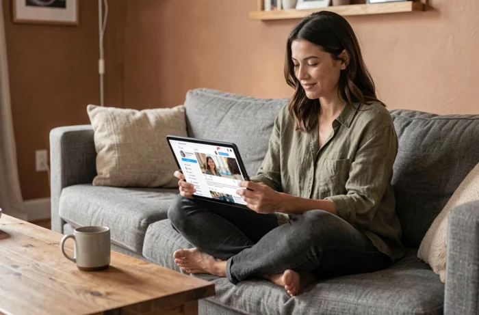 Femme parcourant des publications Instagram via une tablette sans compte utilisateur dans un salon confortable