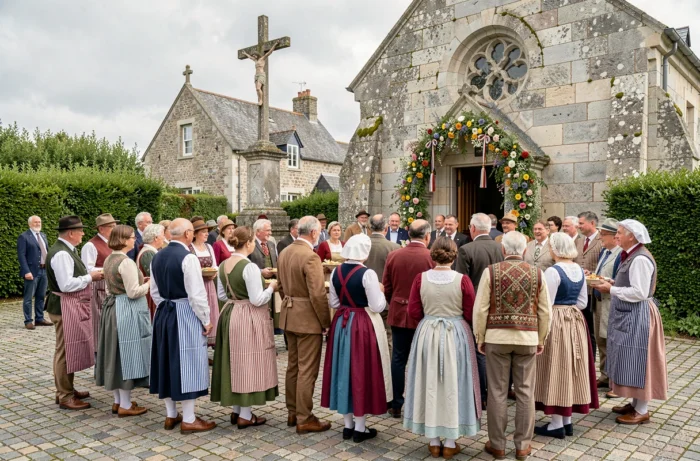 Cérémonie du pardon breton dans un village du Morbihan avec habitants en costumes traditionnels devant une chapelle en granite décorée de fleurs
