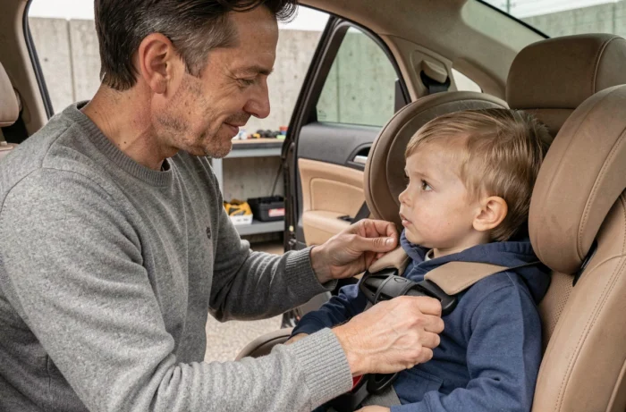 Parent ajustant le harnais d'un siège auto évolutif face à la route pour un enfant de 4 ans dans une berline familiale