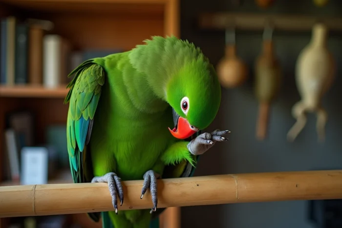Perroquet éclectus mâle vert émeraude dans une station de recherche naturaliste en Papouasie