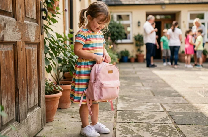 Petite fille en maternelle tenant un cartable rose pastel devant l'entrée d'une école