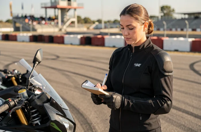 Pilote féminine consultant ses notes de réglage de suspension Suzuki GSX 600 R dans un paddock de circuit