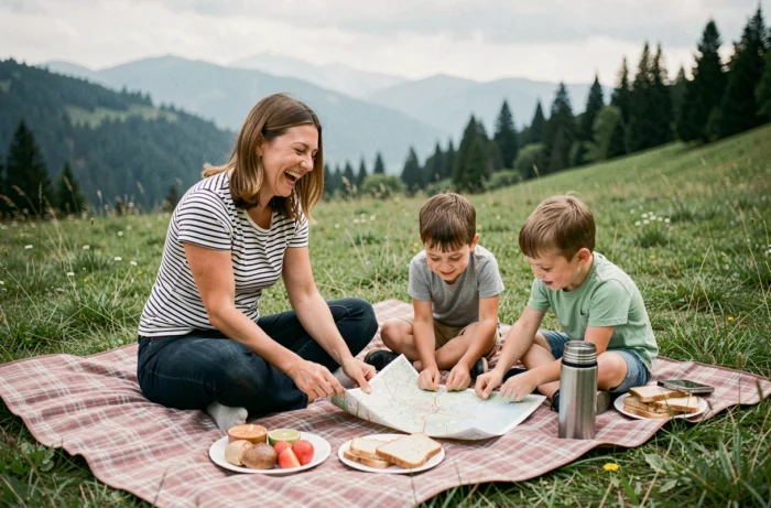 Mère et enfants consultant une carte lors d'un pique-nique en famille en montagne