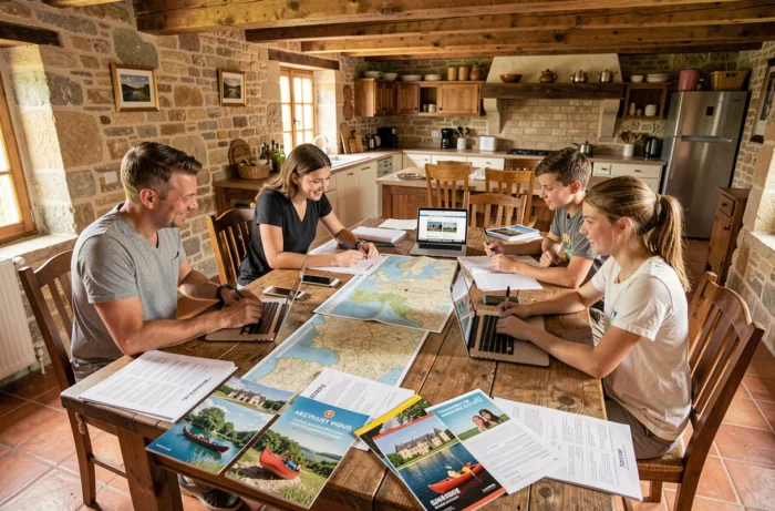 Famille en train de planifier leurs vacances en Dordogne autour d'une table avec des cartes et brochures touristiques dans une ferme en pierre