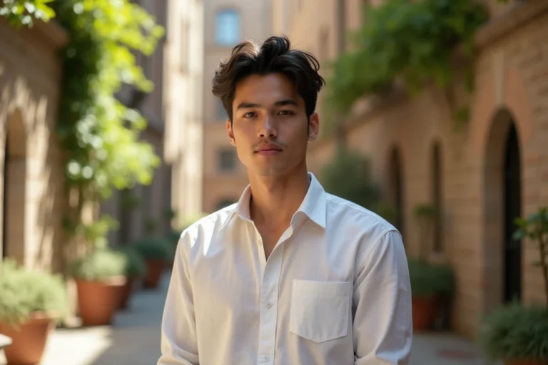 Portrait d'un jeune homme aux traits symétriques dans une cour urbaine, illustrant les canons de beauté masculine