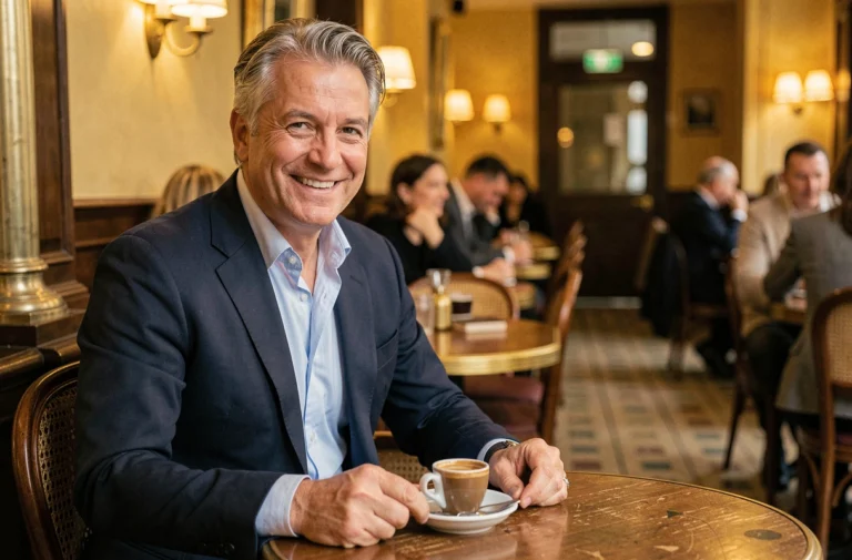 Portrait d'un homme élégant aux cheveux poivre et sel attablé dans une brasserie parisienne, souriant chaleureusement dans une ambiance authentique et intime