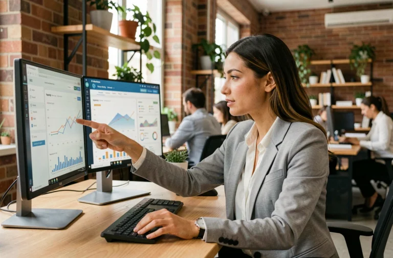 Professionnelle en agence digitale analysant des tableaux de bord SEO et des graphiques de classement de mots-clés sur deux écrans dans un bureau moderne