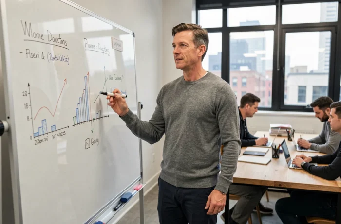 Entrepreneur présentant des projections financières sur un tableau blanc dans un espace de coworking urbain