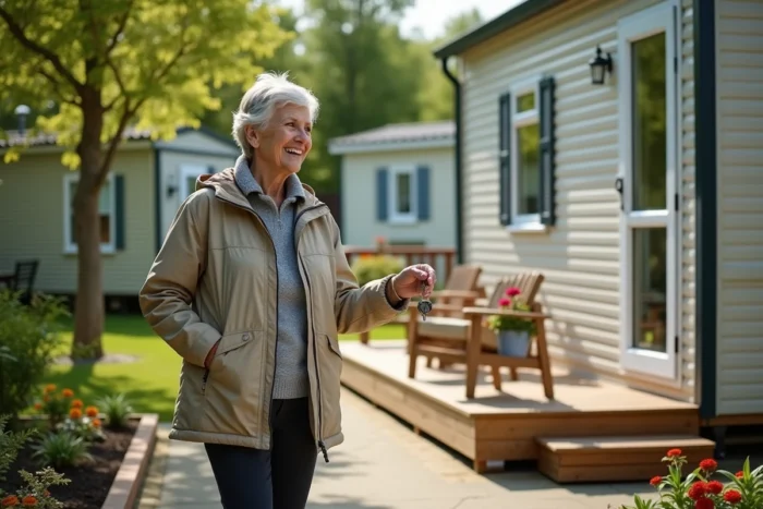 Femme tenant les clés de sa nouvelle parcelle en PRL devant son mobil-home avec jardin aménagé