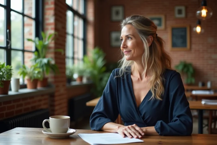 Femme blonde en robe navy assise dans un café rustique avec des murs en briques apparentes, ambiance détendue et créative