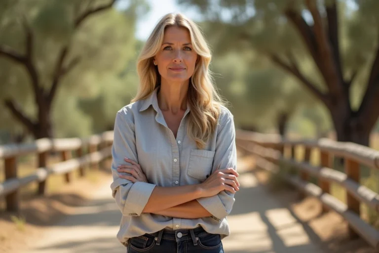 Portrait en extérieur d'une femme blonde dans la quarantaine portant un chemisier en lin gris, cadre californien naturel avec arbres flous en arrière-plan