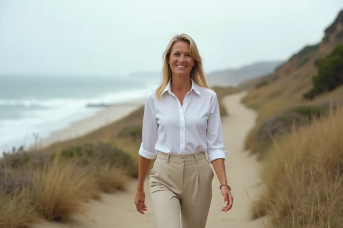 Femme blonde marchant sur un sentier côtier californien avec l'océan Pacifique en arrière-plan flou, tenue décontractée blanche et beige