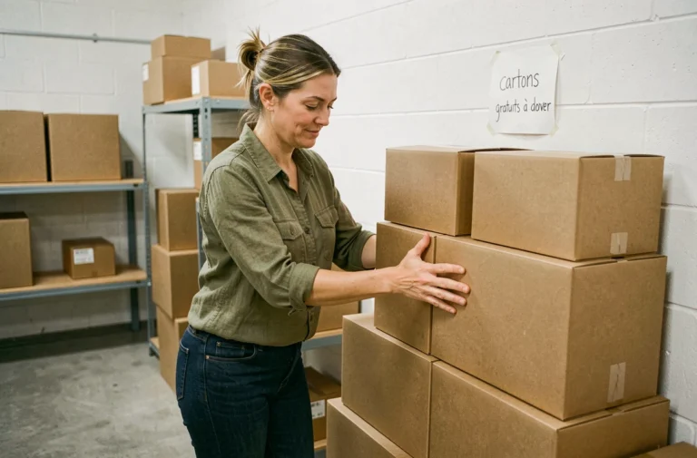 Femme récupérant des cartons de déménagement gratuits dans un local communautaire pour les réutiliser
