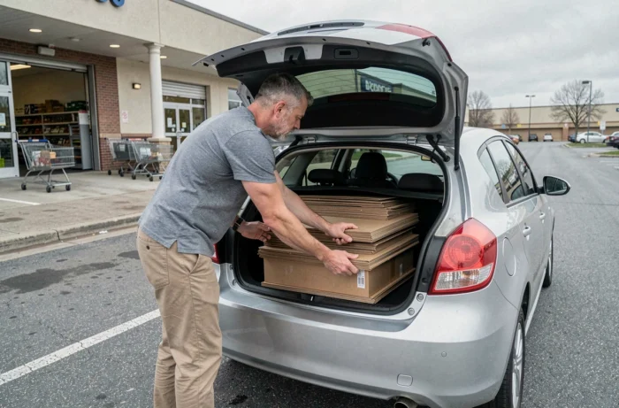 Homme récupérant des cartons de déménagement aplatis dans un parking de supermarché pour un déménagement écologique