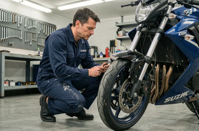 Mécanicien ajustant la suspension avant d'une Suzuki GSX 600 R dans un atelier professionnel