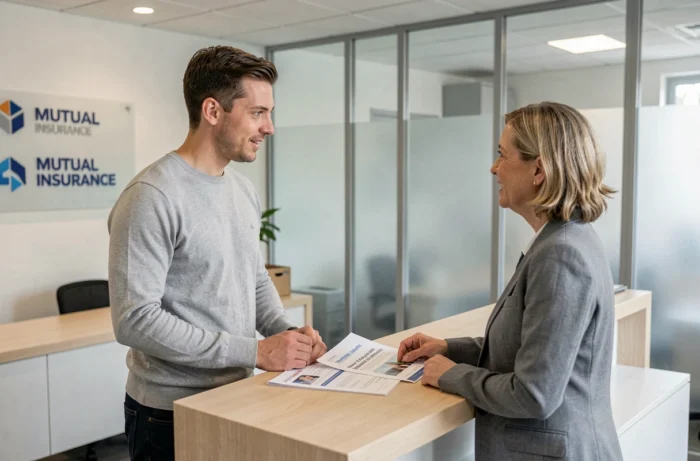 Jeune homme en rendez-vous avec une conseillère mutuelle 403 en agence