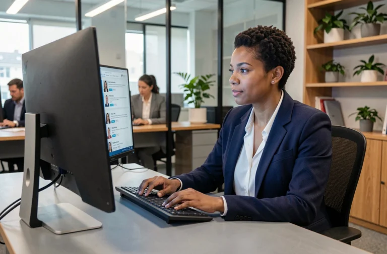 Responsable RH analysant des profils de candidats sur un écran dans un bureau moderne pour optimiser le recrutement en ligne