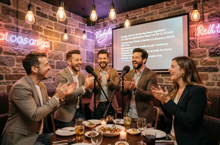 Groupe d'amis chantant au karaoké dans un restaurant animé de Lyon avec décor en pierre et néons colorés