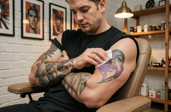 Client dans un salon de tatouage retirant les résidus de stencil violet sur le biceps avec un coton imbibé, entouré de décoration artistique murale