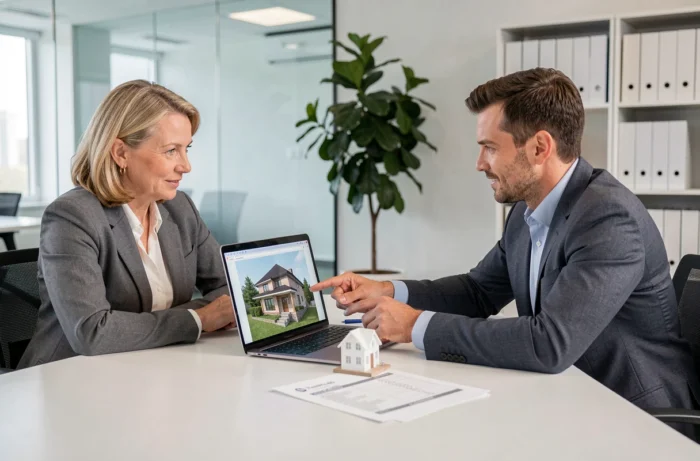 Deux conseillers professionnels en rénovation analysant des plans 3D et des devis lors d'une réunion de consultation